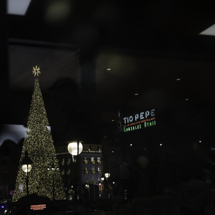 Puerta del Sol square, at Madrid, Spain, decorated for Christmas. December 2025.