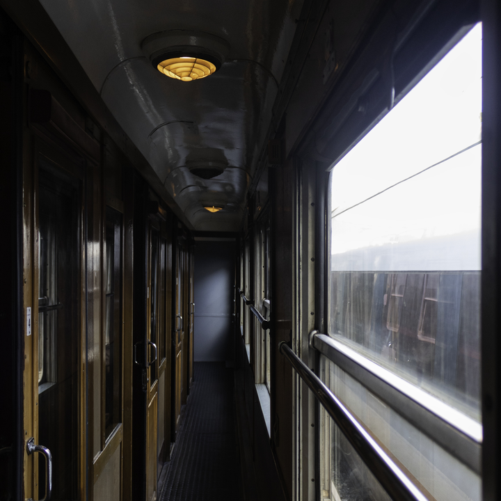  Narrow Corridor of King Felipe II's Historic Train From Madrid Príncipe Pío to El Escorial. 