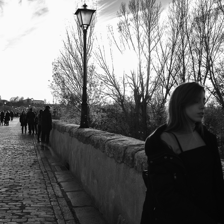 A serene moment on the Roman Bridge of Salamanca, Spain, during sunset. The cobblestone pathway is lined with people walking and enjoying the scenic view. The silhouette of a person in the foreground adds depth to the image, while the bare trees and historic buildings in the background create a timeless atmosphere. 