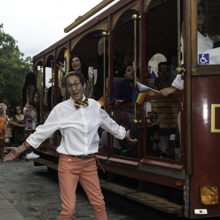  Colourful parade float with people celebrating Pride Day in Ávila, Spain, during the annual LGBTQ+ festival (2025) 
