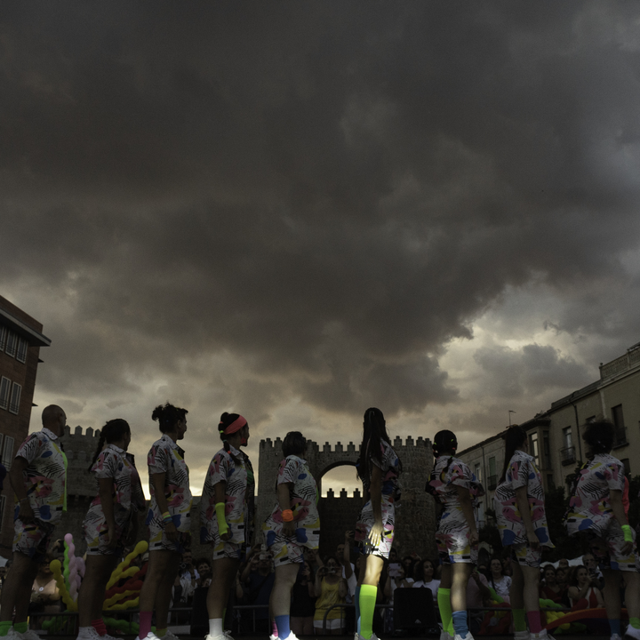  Performers on stage under stormy sky at ArcoÁvila Awards Gala 2025 during Pride celebrations in Ávila, Spain 