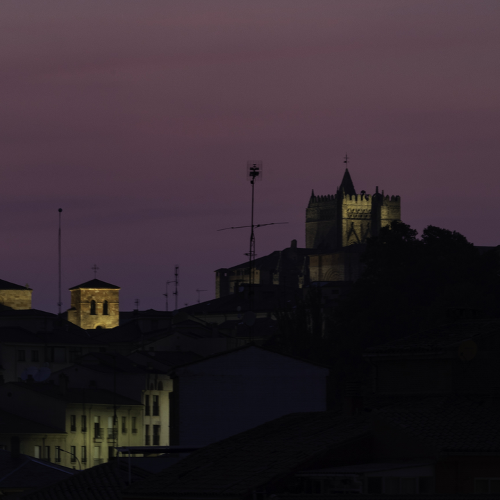  Nightfall with dust and ash, over the Avila's city center after several fires in the central plateau, Castile, Spain. 