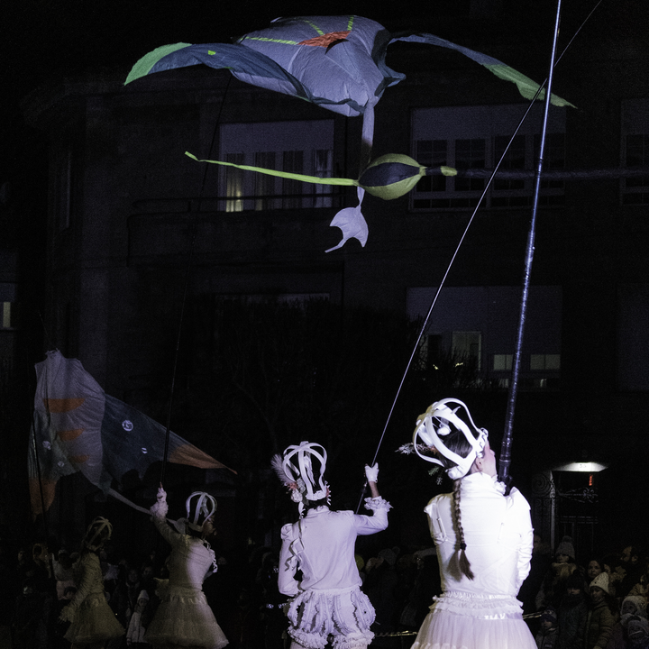  Night scene of performers dressed in white costumes during the Three Wise Men Parade 2026 in Ávila, Spain, as they move through the streets before a gathered crowd, highlighting the festive, artistic and cultural spirit of Epiphany. January 2026. 