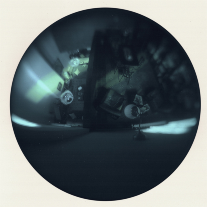 Surreal Fisheye View of a Dimly Lit Interior with Vintage Aesthetic.